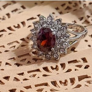 Elegant Silver and Red Gemstone Ring Size 10